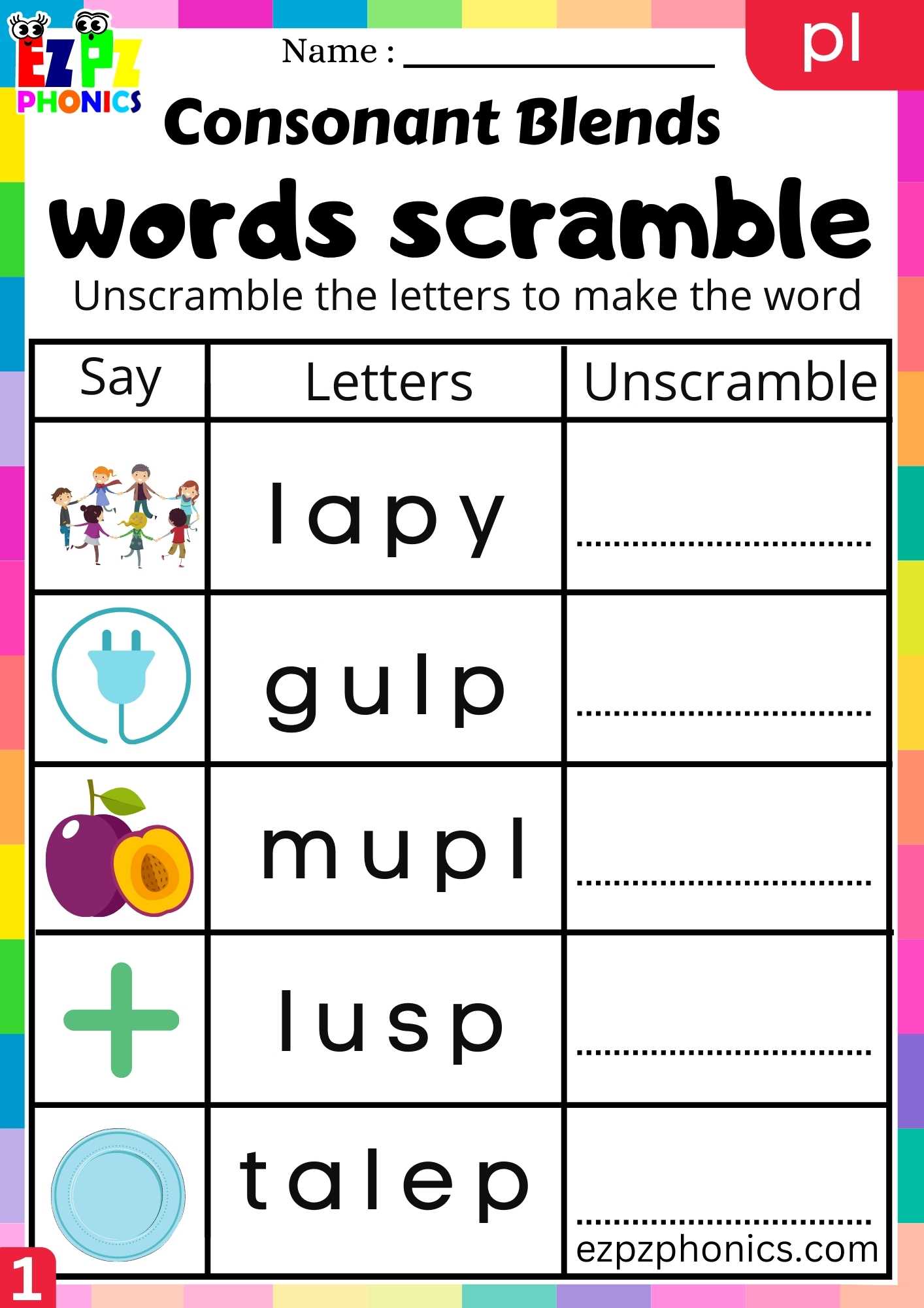 Group1 PL Words Words Scramble Phonics Consonant Blends Worksheet